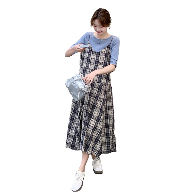 温柔风格纹吊带连衣裙女夏2025新款学院风减龄法式超好看休闲长裙,女装连衣裙,2C271