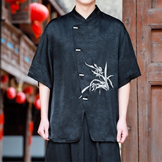 现货2025夏新款风大码立领竹扣兰花刺绣短袖衬衫T2521-P65控89，男装T恤，电商A021