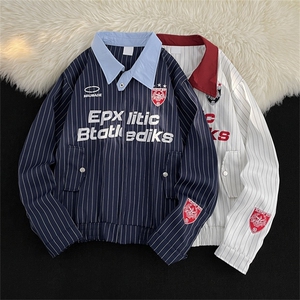 美式复古外套男女春秋宽松休闲条纹棒球服夹克JK0178-P70图片