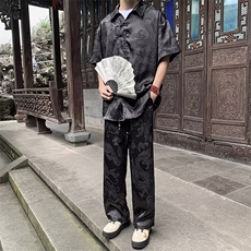新中式风套装男龙纹衬衫短袖裤子夏季2024新款男装搭配，男装衬衫，星座716-4
