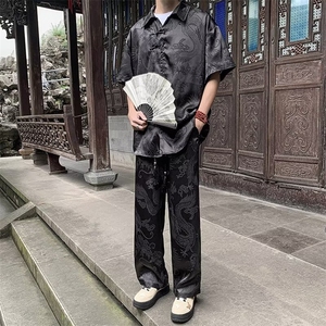 新中式风套装男龙纹衬衫短袖裤子夏季2024新款男装搭配图片