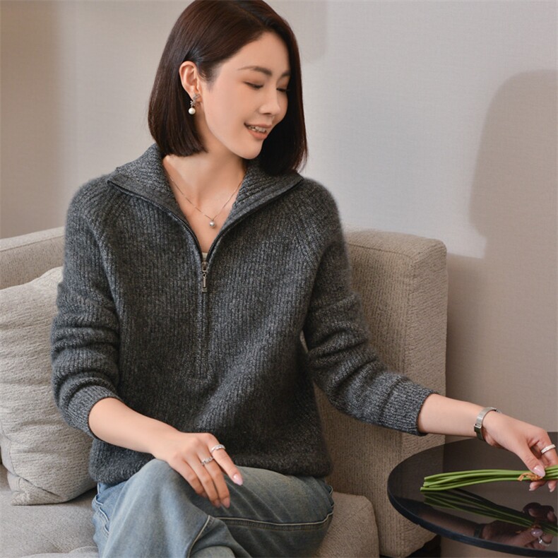 女士秋冬羊毛衫纯色简约拉链半开领羊毛,女装羊毛衫,忠诺羊绒