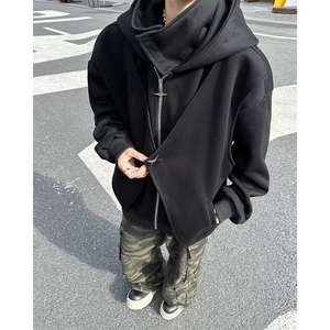 秋季潮牌立领拉链长袖假两件卫衣宽松连帽男外套图片