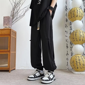 新中式盘扣亚麻冰丝裤男夏季风汉服唐装宽松束脚长裤子 KM538图片
