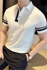 翻领宽松百搭半袖Polo衫商务绅士拼接短袖PL65/P50降，男装Polo衫，电商A243