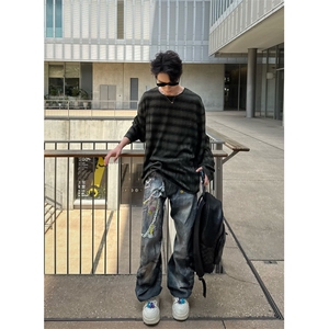 C316 T9931 P48 初秋新款破洞长袖T恤宽松防晒军绿色条纹男图片