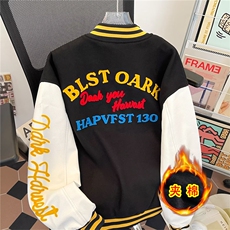 美式复古拼色植绒刺绣棒球服夹克男女秋冬季夹棉宽松外套-MF006，男装夹克，星座601-1