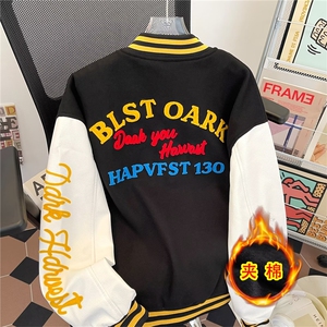 美式复古拼色植绒刺绣棒球服夹克男女秋冬季夹棉宽松外套-MF006图片