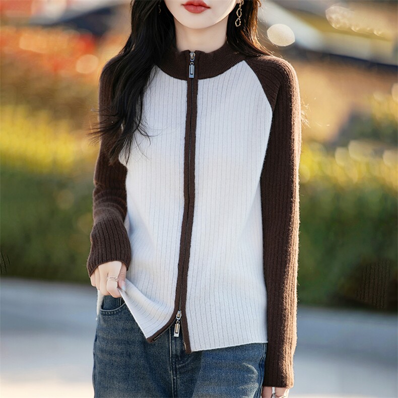 半高领拼色100%纯羊毛开衫女双拉链插肩袖毛衣宽松坑条羊绒衫外套，女装羊毛衫，蒙特羊绒