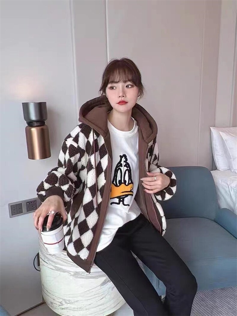 菱形格连帽颗粒外套，其它，靓依蝶菲