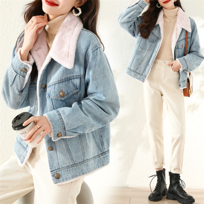 现货2023冬季加绒加厚皮毛一体牛仔派克服女宽松大口袋撞色棉衣，女装派克服，梦懿尔