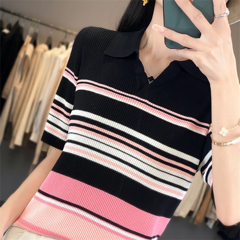 时尚女装彩条POLO领短袖冰丝针织衫显瘦百搭夏季新款上衣，女装针织衫/毛衣，萱芳婷羊绒
