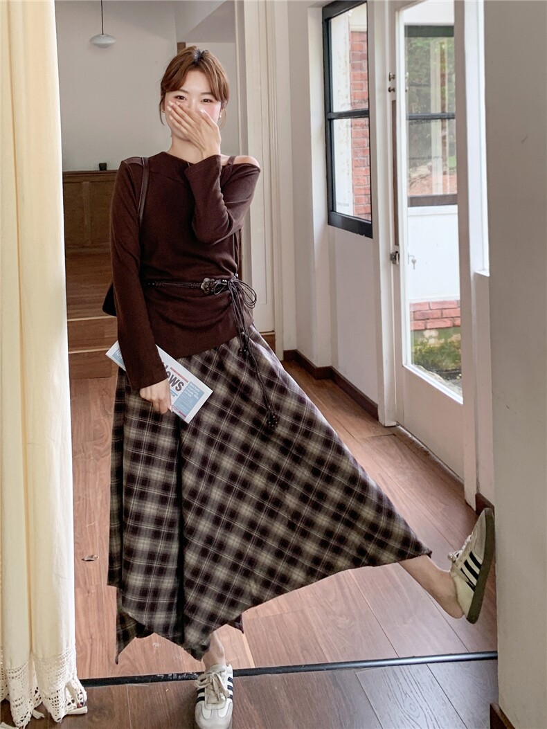 精针织衫+格子半身裙两件套装2C267-925两件套p165-k238,女装套装/套裙,茵姿媚