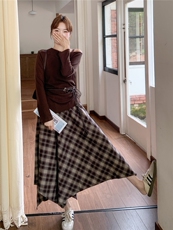 精针织衫+格子半身裙两件套装2C267-925两件套p165-k238，女装套装/套裙，茵姿媚