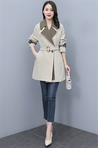 芷墨春秋季新款时尚撞色中长款风衣外套修身风衣女图片