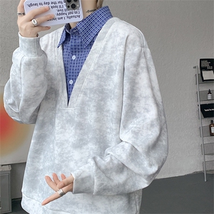 秋冬氛围感高街假两件卫衣经典格子假两件卫衣秋冬流行单品P55图片
