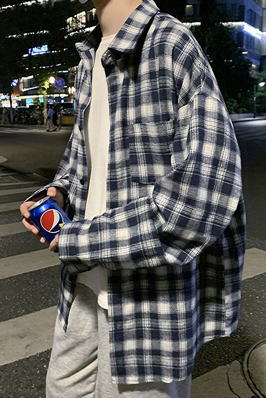 春夏港风复古格子衬衫情侣长袖潮宽松百搭衬衣休闲上衣H216/P45,男装衬衫,电商A221A