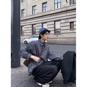 【有货】DK395-P40盐系男友风格纹衬衫男休闲别致设计感长袖衬衣图片