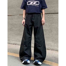 高街铆钉A字版廓形弯刀裤男女复古小众宽松拖地牛仔工装裤N8049，男装牛仔裤，星座1116A（原606A-3）