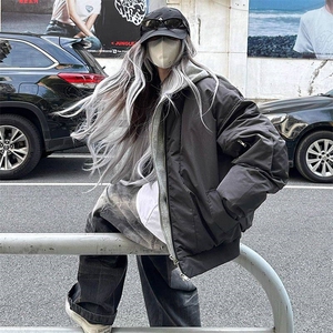 假两件连帽棉衣外套女冬季韩系复古时尚高级感棒球服宽松加厚棉服图片