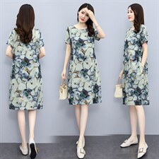 棉麻碎花连衣裙女2026新款夏薄款短袖中长款宽松遮肚显瘦亚麻裙子，女装连衣裙，倪叶myz