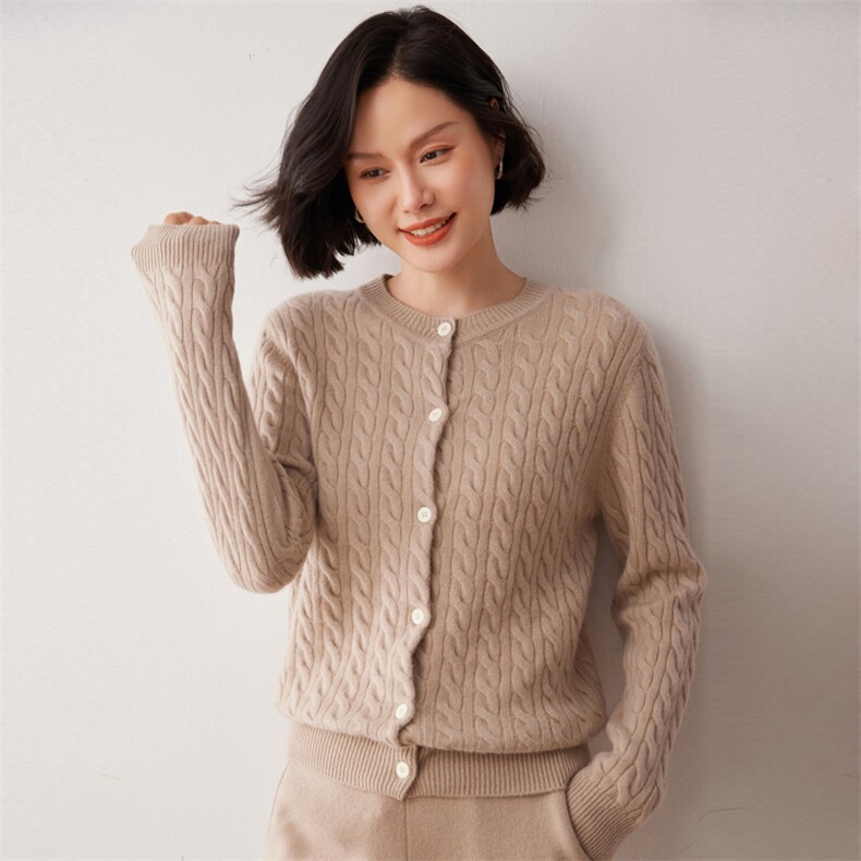 秋冬新款洋气时尚百搭显瘦女款圆领35%山羊绒开衫,女装羊绒衫,艾巧羊绒