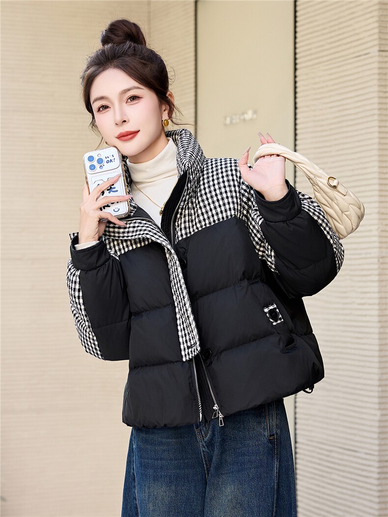 冬装新款格纹撞色超洋气设计感羽绒服外套新标90%白鸭绒,女装羽绒服,姿衣坊
