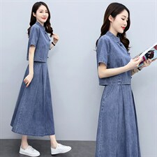 天丝牛仔连衣裙女夏季2024新款两件套洋气减龄套装裙宽松大码套装，女装套装/套裙，关键词