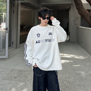 秋季港风宽松条纹三条杠圆领卫衣潮休闲外套XZ808B-WH093-P45图片