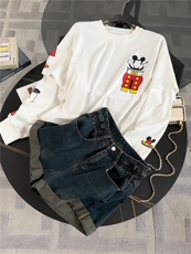 女早秋新款韩版运动休闲套装卡通印花圆领上衣宽松牛仔短裤两件套，女装套装/套裙，江南