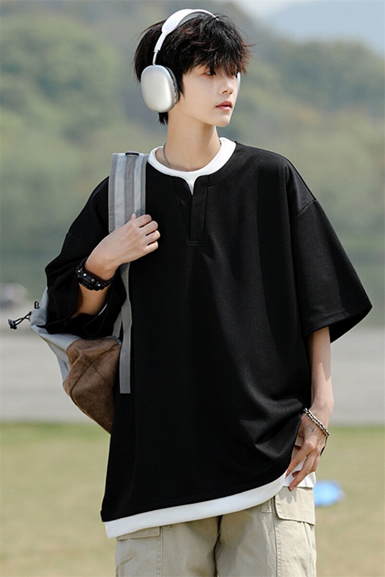 8XL-M重磅斜纹假两件短袖t恤男夏季薄款宽松大码半袖体恤DT006P45,男装T恤,电商B312