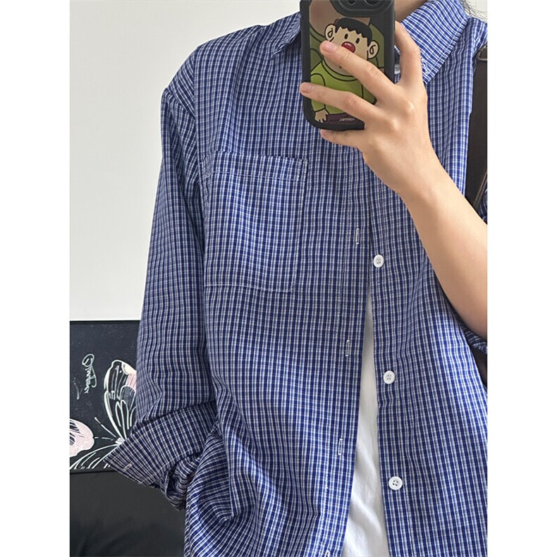 格子衬衫春夏美式蓝色格子衬衫港风情侣装休闲长袖衬衣CS276-P35,男装衬衫,星座301C-5