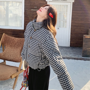 202024年冬季90白鸭绒羽绒服格子短款休闲立领胆排扣加厚图片