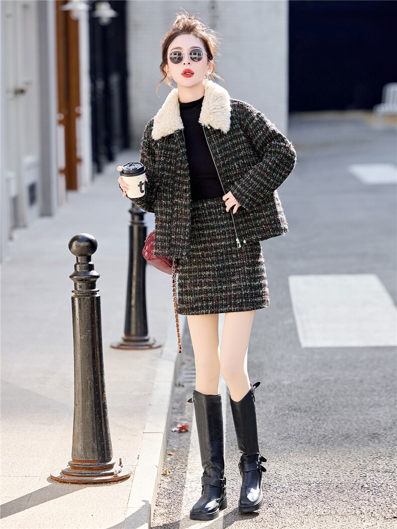 轻奢高级感小香风羊羔毛翻领白鸭绒内胆羽绒服+半身裙两件套套装,女装套装/套裙,采品优优