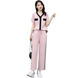 2021年夏季新款女装休气质休闲撞色时尚套装两件套图片