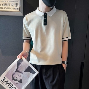 时尚高级拼色短袖polo衫男夏季新款痞帅翻领T恤潮流商务修身男装图片