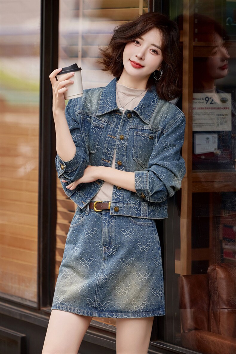 长袖翻领牛仔外套女短款春秋2025新款牛仔半身裙时尚套装,女装套装/套裙,意芙