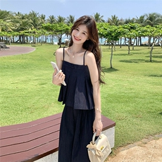 藏青色氛围感辣妹牛仔吊带背心套装女夏新款洋气薄款阔腿裤两件套，女装套装/套裙，2C271