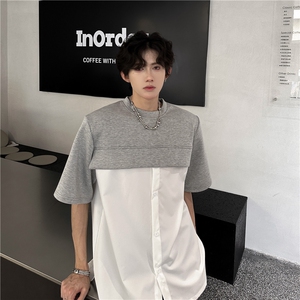 假两件衬衣拼圆领T夏季短袖 重磅垫肩小众设计感美式T恤940 P48图片