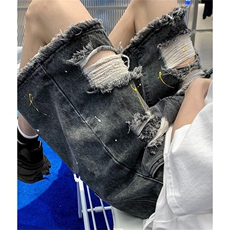毛边破洞牛仔短裤男夏季潮牌ins宽松街头嘻哈漆点五分裤NK65，男装牛仔裤，星座1116A（原606A-3）