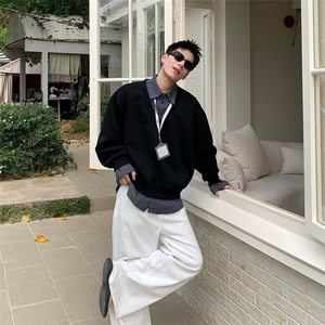 秋冬假两件衬衫领卫衣男韩系时尚上衣潮男宽松百搭套头衣服图片