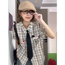 TC547-P45美式趣味小狗毛巾绣格子短袖衬衫夏季新款衬衣，女装衬衫，星座617A-2