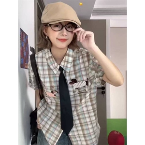 TC547-P45美式趣味小狗毛巾绣格子短袖衬衫夏季新款衬衣图片