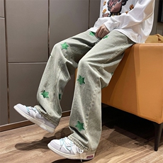 潮复古水洗绿色星星牛仔裤直筒N0599-P45，男装牛仔裤，星座308B-1