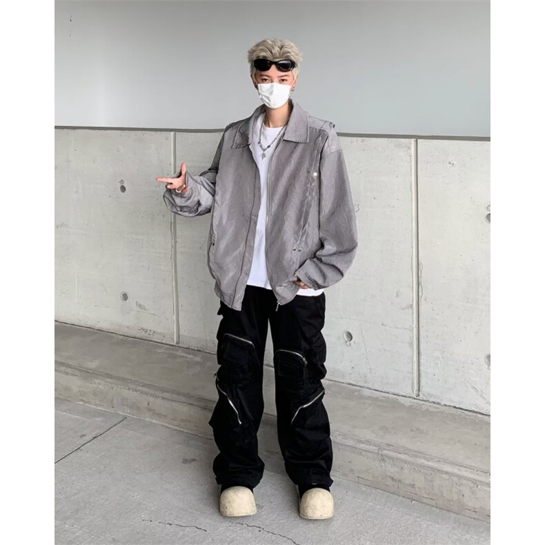 美式古着翻领夹克男春秋季重磅褶皱设计宽松高街帅气外套棒球,男装夹克,星座716-3
