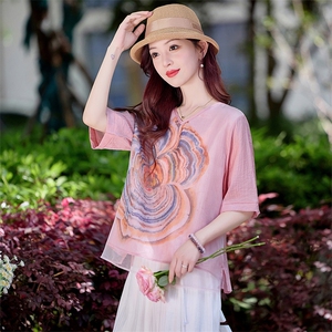 复古印花天丝棉麻衬衫女2025夏薄款v领宽松显瘦休闲宽松苎麻衬衣图片
