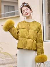 新中式风狐狸毛短款羽绒服女高端小个子保暖外套黄色，女装羽绒服，奕薇雅