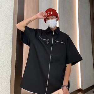 休闲五分袖衬衫港风纯色夏季潮流潮新款短袖衬衣男图片