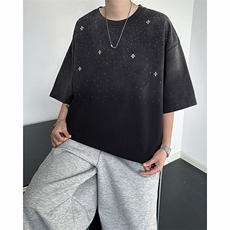 8XL-M满天星轻奢烫钻宽松版落肩纯棉短袖T恤新款夏百搭上衣DX337，男装T恤，电商D206-1