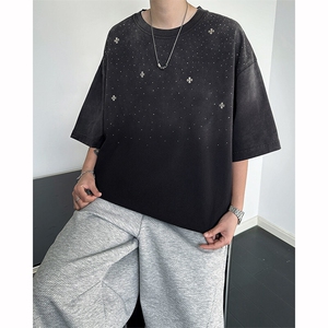 8XL-M 满天星轻奢烫钻宽松版落肩纯棉短袖T恤新款夏百搭上衣DX337图片